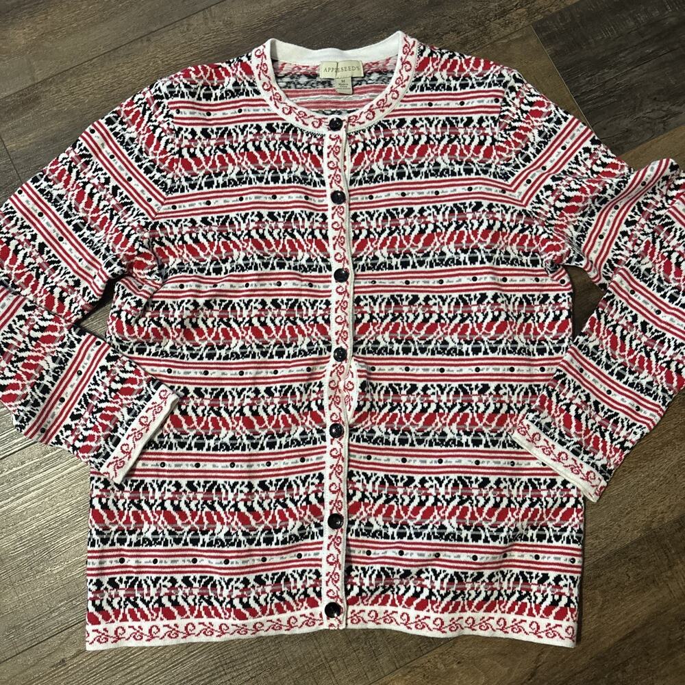 Appleseed’s Cardigan Medium Red Black Holiday Sweater Christmas‎ Design Women’s